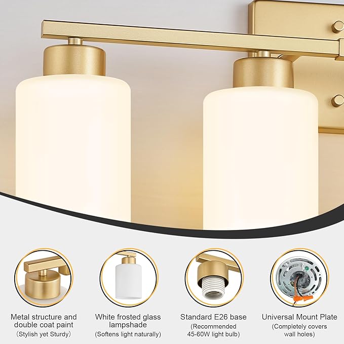 Gold Bathroom Light Fixtures, 4-Light Modern Vanity Light Over Mirror, Wall Sconces with Milky White Frosted Glass Shades, E26 Socket (Bulbs Not Included)