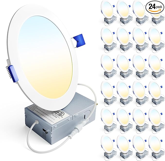Ensenior 24 Pack 6 Inch LED Recessed Ceiling Light, Dimmable, 3000K-5000K 3CCT, 1050LM 12W 120V, High Brightness Canless Wafer Downlight - ETL&FCC&IC