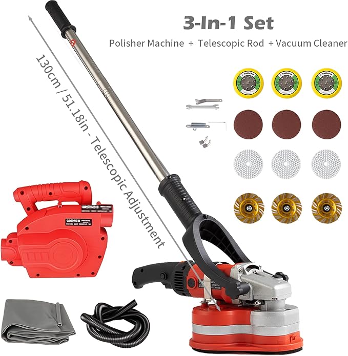 Electric Diamond Polisher Machine with Extendable Handle & Vacuum Port, 6-Speed Concrete Grinder for Dustless Floor and Wall Grinding, Epoxy, Paint, Stone, Cement, and Metal Surface Removal