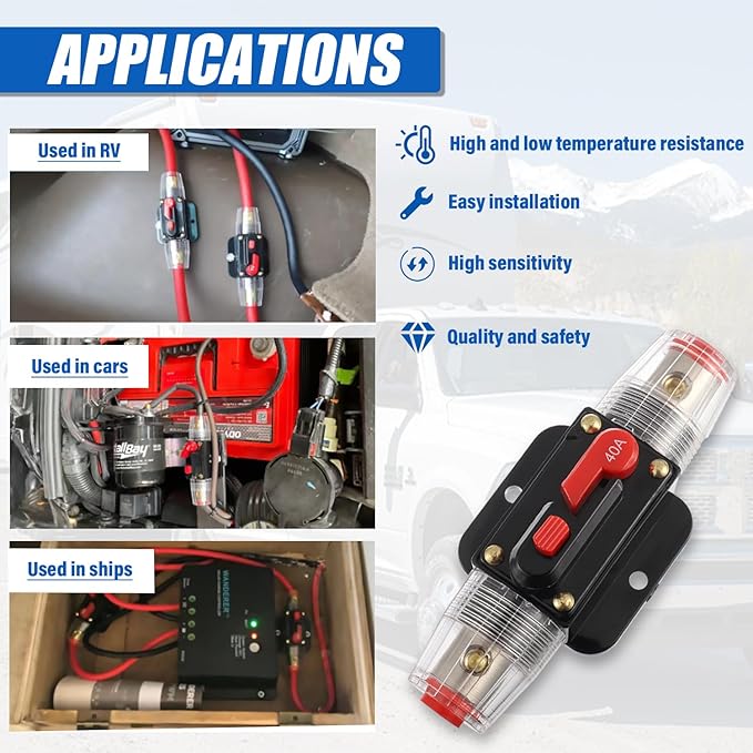 BOJACK 40A Audio Inline Circuit Breaker Reset Fuse Holder 12-24V DC Manual Reset Fuse Holder 3-15 AWG Overload Protection for Car Audio Sound Amplifier System RV Marine Boat Truck Solar Inverter