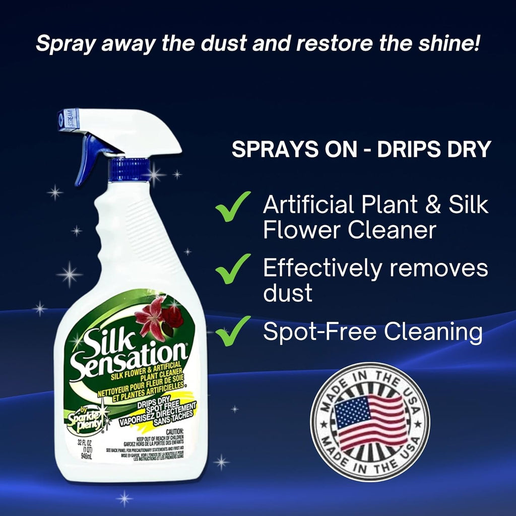 Sparkle Plenty Silk Sensation Artificial Flower & Plant Leaf Cleaner - Fake Flower Dusting Spray - Silk Plant Cleaner Spray No Wipe - Drip Dry Cleaning Supplies for Artificial Tree (32 oz, 3 Pack)