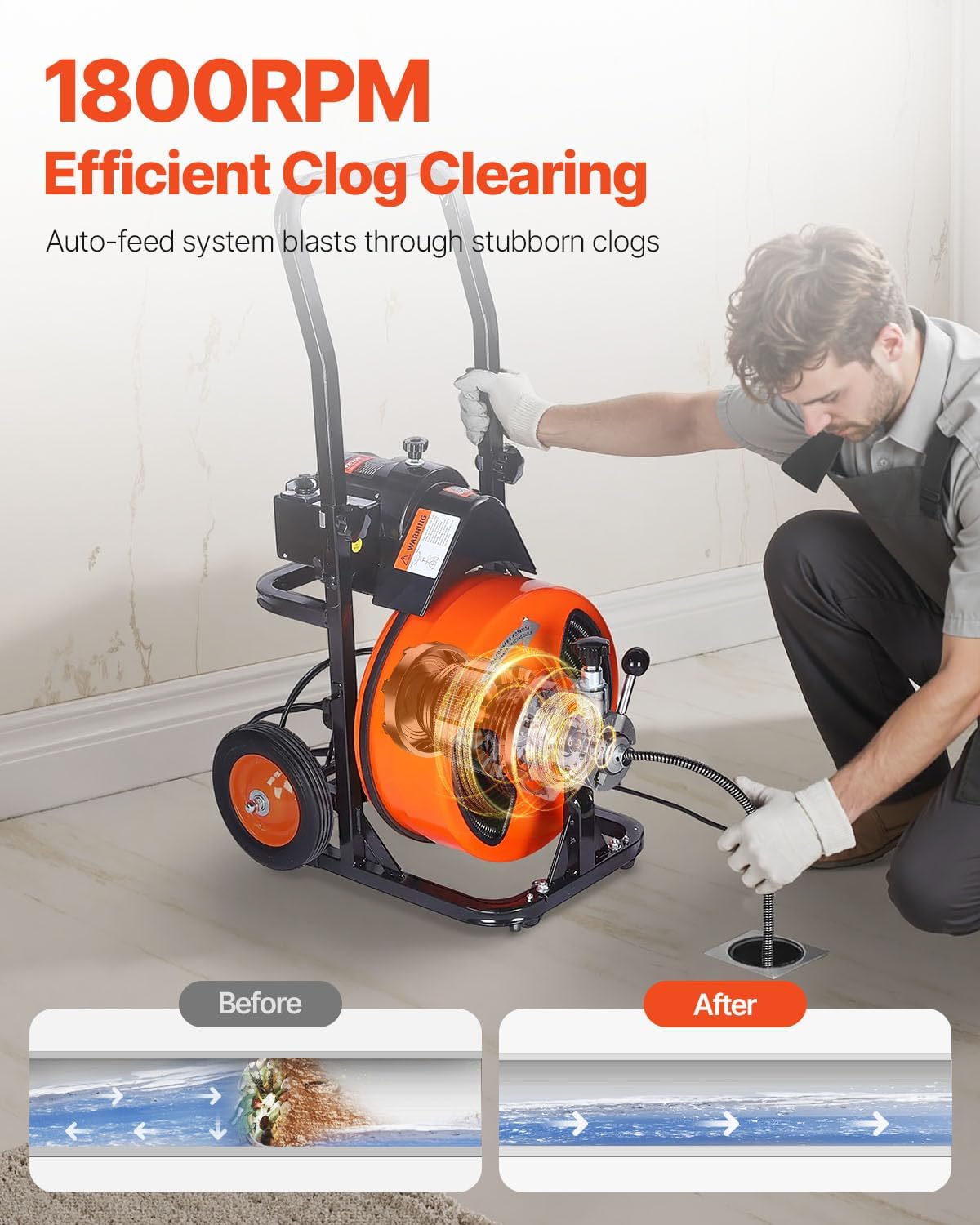 VEVOR Drain Cleaning Machine 50 FT x 1/2 Inch, Sewer Auger Auto Feed with 4 Cutter & Air-activated Foot Switch for 2" to 4" Pipes, Orange, Black