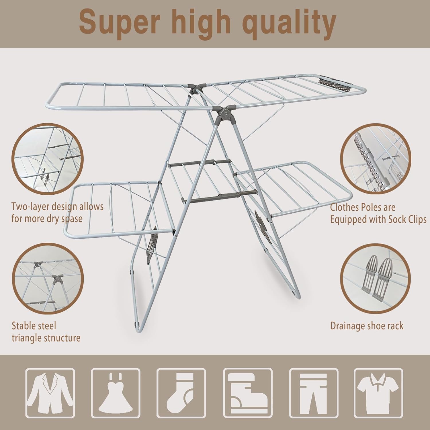 Large Capacity Double Drying Rack, Folding Rustproof Drying Rack with Non-Slip Clips and Drainage Shoe Rack, Height Adjustable, Airy and Quick Drying, Suitable for Balcony and Outdoor Use