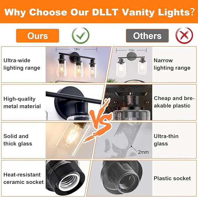 DLLT 3-Light Bathroom Light Fixtures: Black Modern Vanity Lights with 3 E26 Bulbs Base - Clear Glass Shade Bathroom Wall Lamp for Mirror Kitchen Living Room - 2 Packs