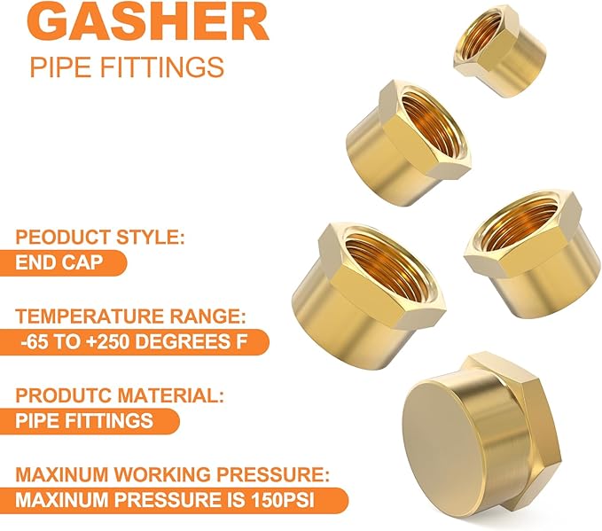 GASHER 1/8" 1/4" 3/8" 1/2" 3/4" NPT Brass Pipe Cap, NPT Female Thread Socket Pipe End Cap Plugs Fitting 25PCS