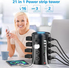 Power Strip Surge Protector Tower with 16 Outlets and 5 USB Ports (2 USB-C), 10ft Extension Cord, 45° Flat Plug, Charging Station for Home, Office, Dorm Room Essentials (Black)