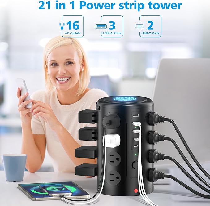 Surge Protector Power Strip,Desk Charging Station with 15W Wireless Charger, Multiple Outlets Charging Station with 16 AC Outlets & 5 USB (2 USB C) Port, for Home, Office, Dorm Room（10FT）