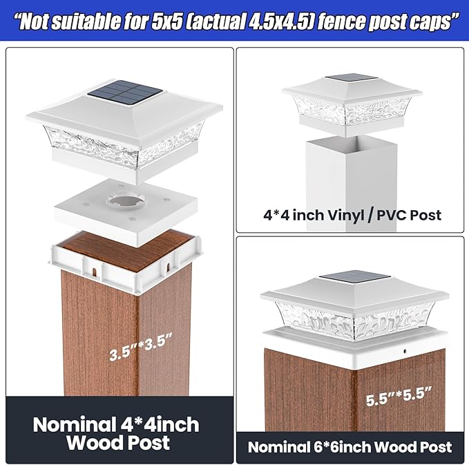 APONUO Deck Post Lights Solar Powered 6 Pack, Waterproof Outdoor LED Deck Lights for 4x4, 5x5, 6x6 Fence Posts, Warm/Cool White Light, All-Night Lighting, Auto On/Off, Patio Garden Yard Decor