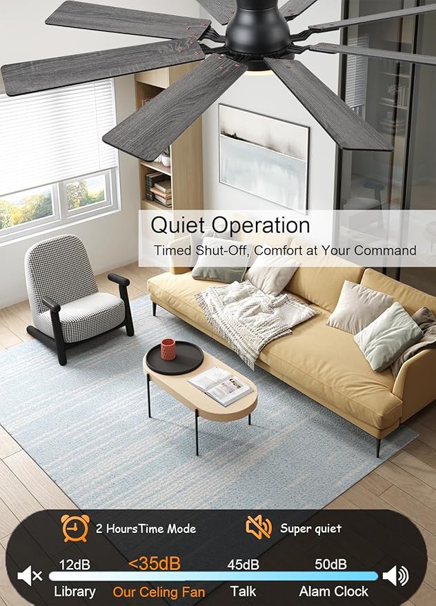 52 inch Ceiling Fan with Light, 6 Speeds Reversible Low Profile Ceiling Fan with Light and Remote/APP Control, 3 Color Temp+Dimmable RGB, 8 Blades, Flush Mount Quiet Ceiling Fans, Black