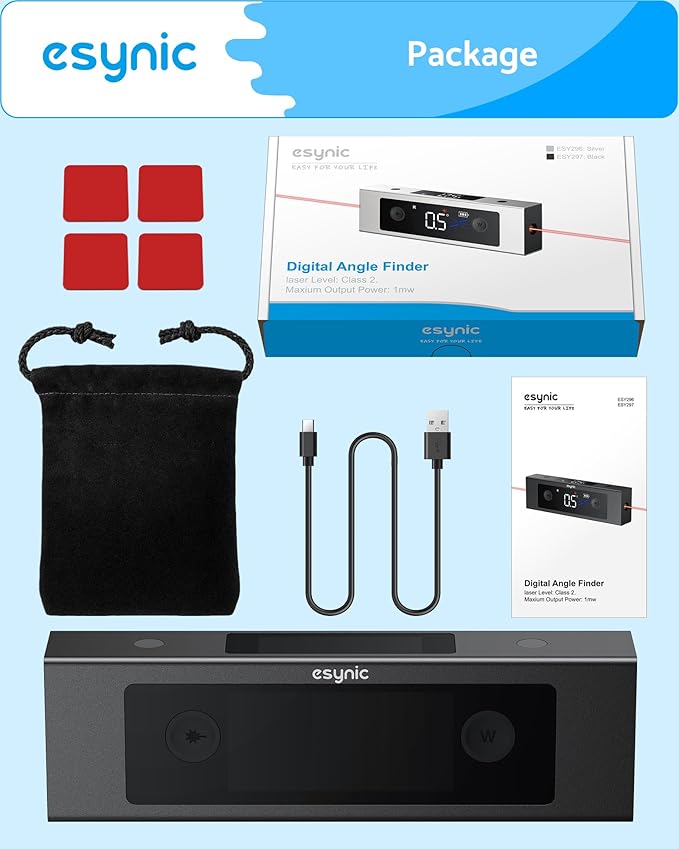 eSynic Portable Digital Angle Finder with Laser IP54 Waterpoof Digital Inclinometer 2 Backlight LCD Display Aluminium Alloy Rechargeable Laser Level Tool With Cross Leveling Line(Laser Level Class II)