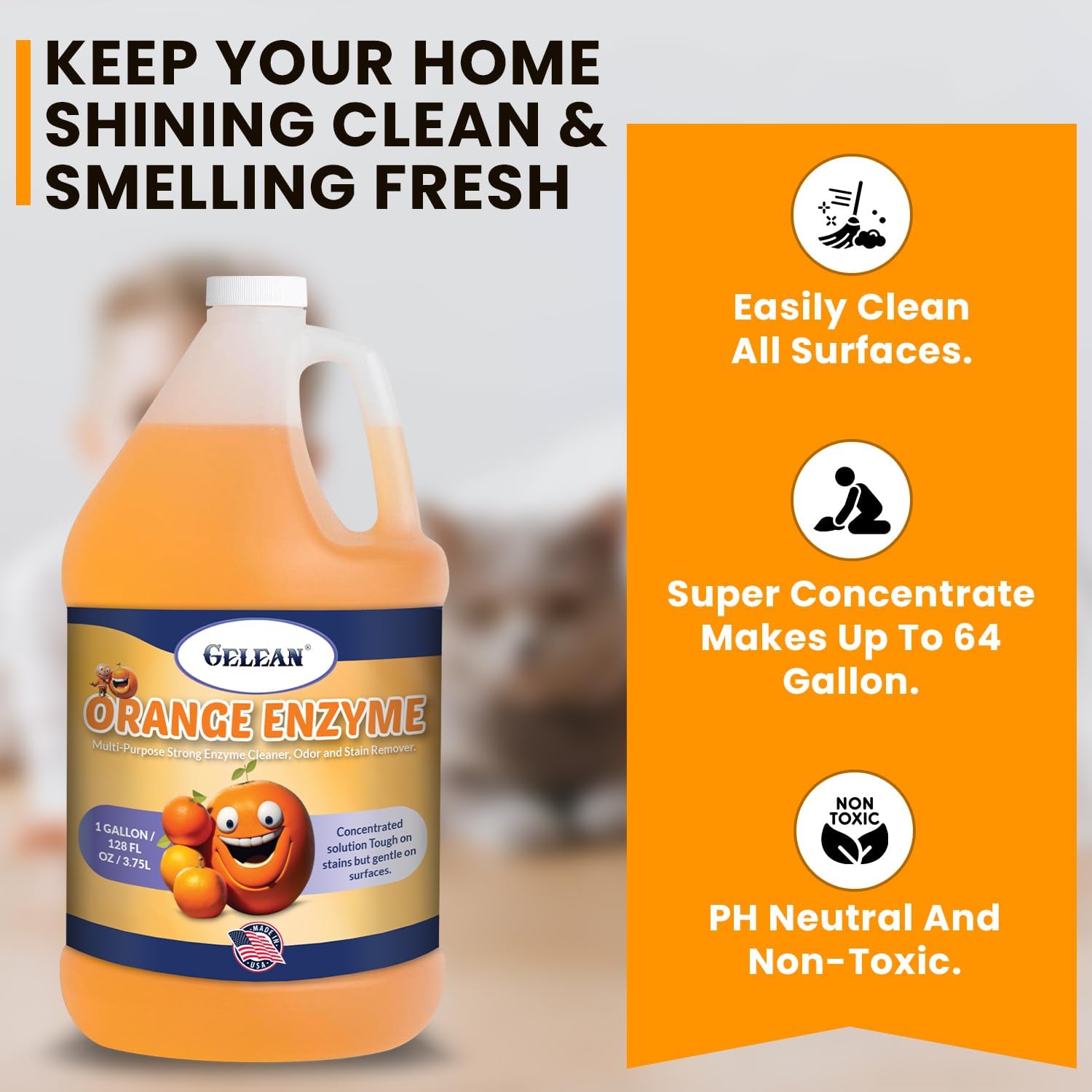 Multi-Purpose Enzyme Cleaner - MADE IN USA - Concentrate MAKES 64 GALLON - Stain and Odor Eliminator - ORANGE ENZYME - Odor Floor Cleaner All Purpose 128 oz