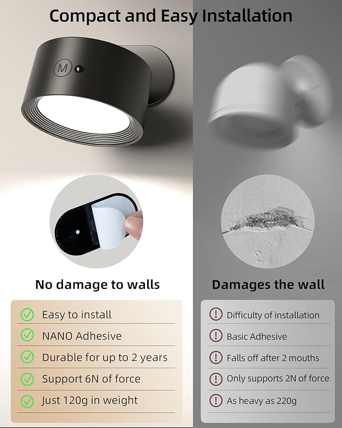 LED Wall Mounted Lights, Rechargeable Wall Sconces Lamp, 3 Color Temps & Remote and Touch, 360°Rotation Dimmable Cordless Wall Light for Study Bedroom Reading Bedside(Black, 1 Pack)