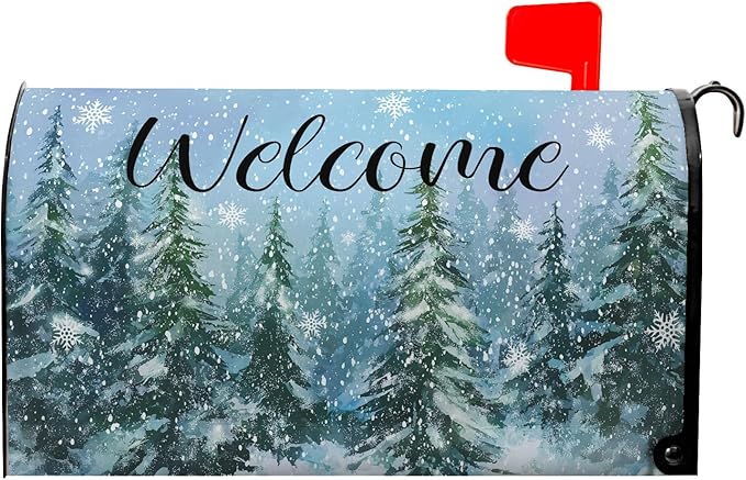 Winter Welcome Mailbox Covers Magnetic Oversized Forest Pine Tree Mailbox Cover Large Size 25.5x21 Inch Snowflakes Outdoor Letterbox Wraps for Garden Yard Winter Decor
