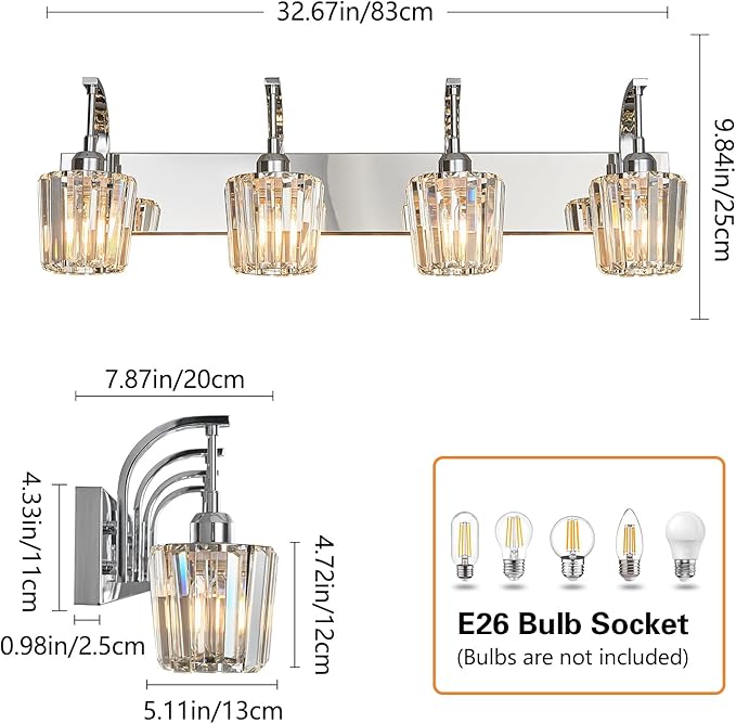 Modern Bathroom Vanity Light, 4-Light Chrome Wall Sconce with Crystal Accents, Over Mirror Bathroom Lighting Fixture, 32.67" Long Dimmable Vanity Lamp for Makeup, Easy Installation