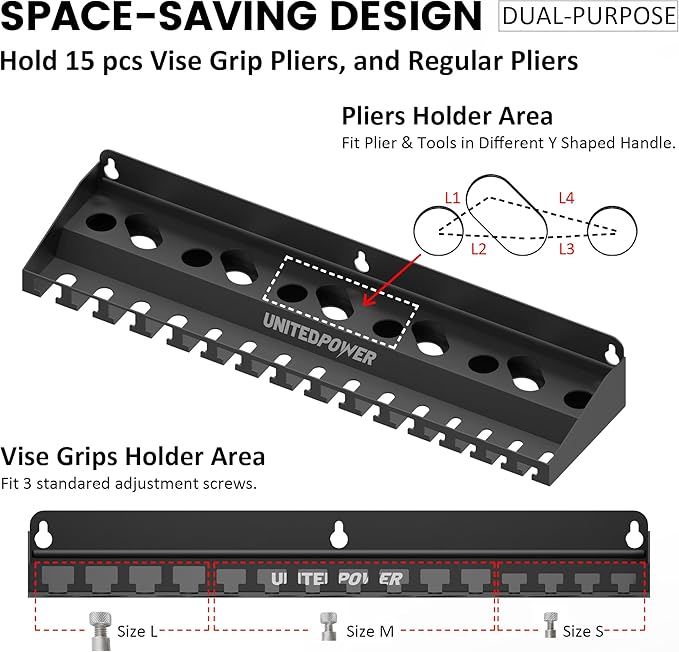 UNITEDPOWER Vise Grip Holder, Wall Mount Pliers Storage Rack Organizer for Workshop, Shed, Garage, Stores up to 15 Vises or 11 Pliers