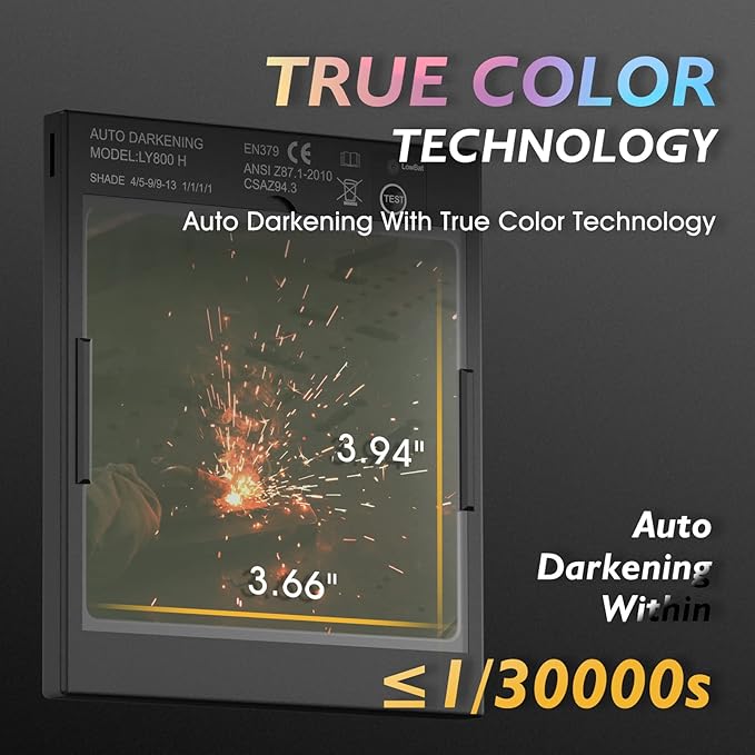 TOOLIOM Large Viewing 3.94"x3.66" Welding Helmet True Color Auto Darkening Welding Mask Solar Powered Shade 4/5-9/9-13 Welder Helmet for TIG MIG Stick Cut Grind