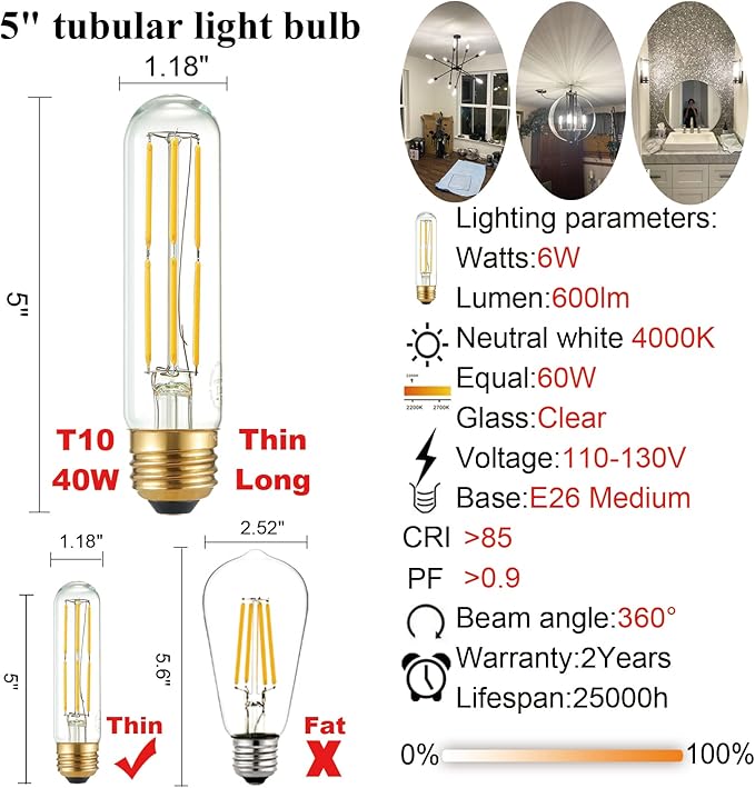LiteHistory Tubular Light Bulb 6W Equal E26 LED Bulb 60 Watt dimmable Neutral White 4000K E26 Edison Bulb AC120V 600lm T9 T10 LED Bulb for Rustic Pendant,Island,Chandeliers,Wall sconces Pack of 6