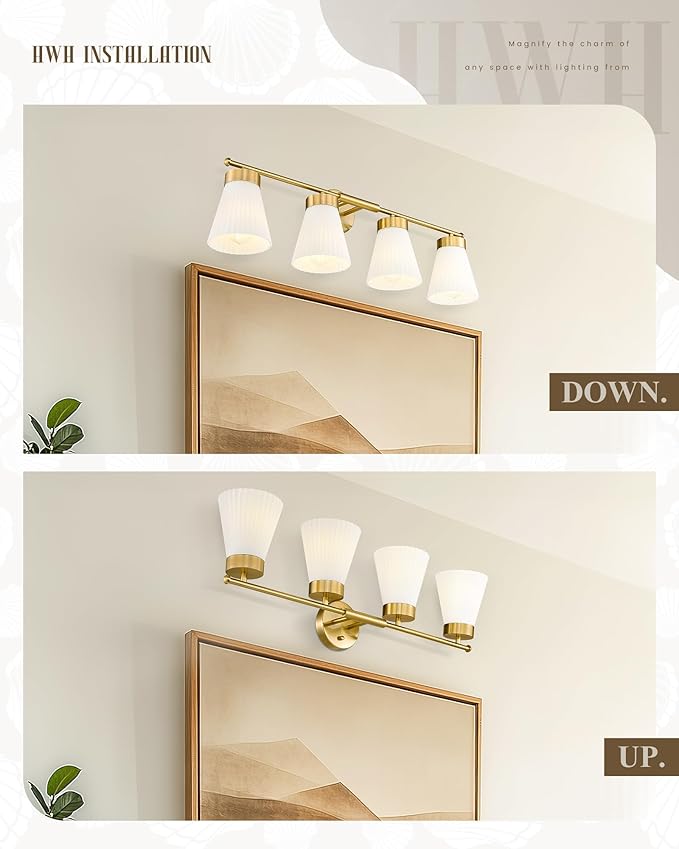 Bathroom Light Fixtures Brushed Gold, HWH 4 Light Vanity Lights Over Mirror, Modern Wall Lamp Bathroom Lighting with Frosted White Striped Glass, 5HZG97B-4W BG