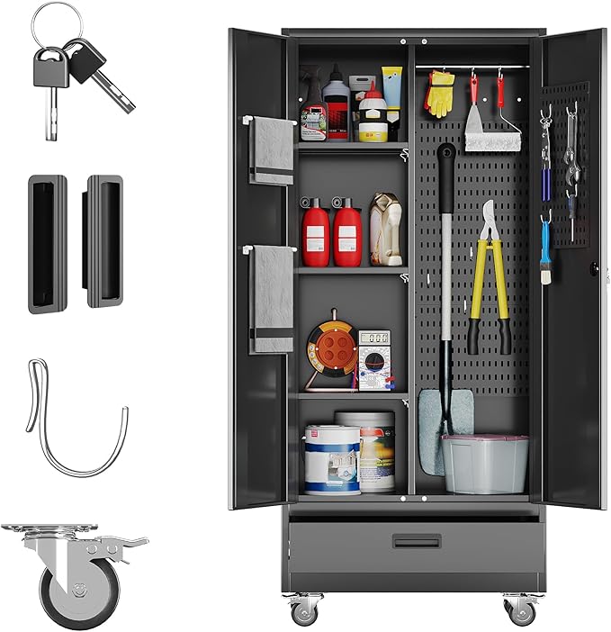 Broom Closet Storage Cabinet with Drawer and Hanging Rod, Garage Storage Cabinet with Wheels and 5 Pegboard, Rolling Tool Cabinets with 2 Doors and 3 Shelves for Garage, Bathroom, Black