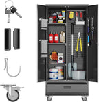 Broom Closet Storage Cabinet with Drawer and Hanging Rod, Garage Storage Cabinet with Wheels and 5 Pegboard, Rolling Tool Cabinets with 2 Doors and 3 Shelves for Garage, Bathroom, Black