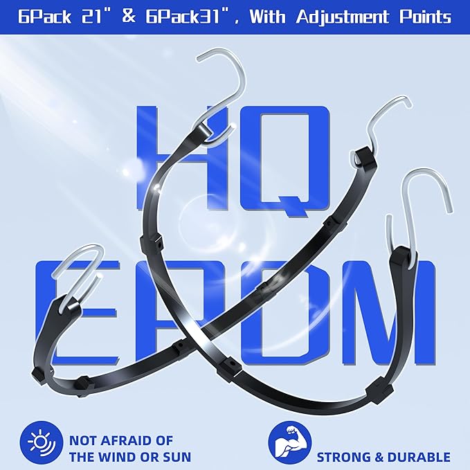 KJE 12Pack(21", 31") Rubber Bungee Cords with Adjustable Hooks - Quality EPDM, Heavy Duty Black Bungee Straps, Ideal for Outdoor Tie Downs, Securing Tarps, Canvases, Cargo in Cold Hot Climates