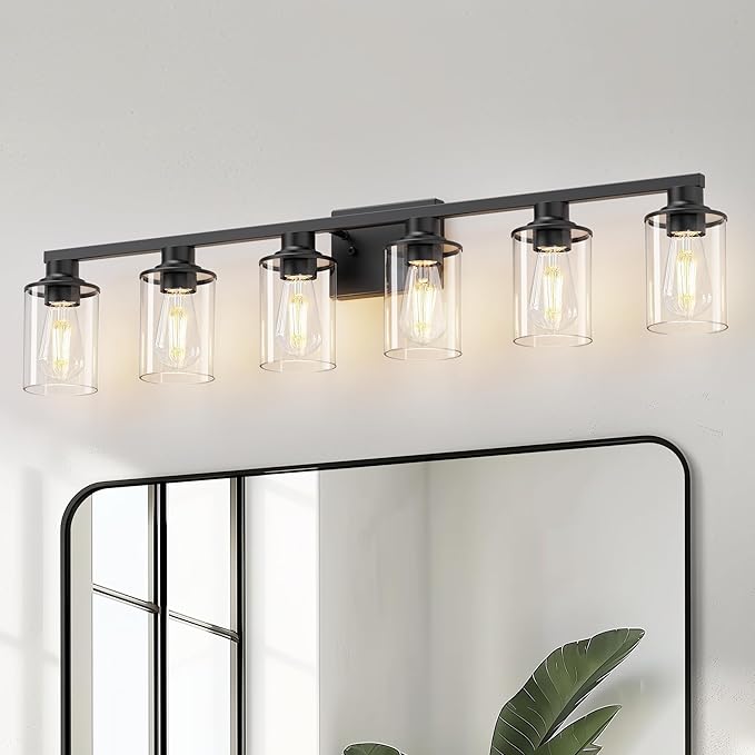 DORESshop 6-Light Black Bathroom Light Fixtures Over Mirror with Clear Glass Shade, Vanity Lights for Bathroom Mirror Hallway