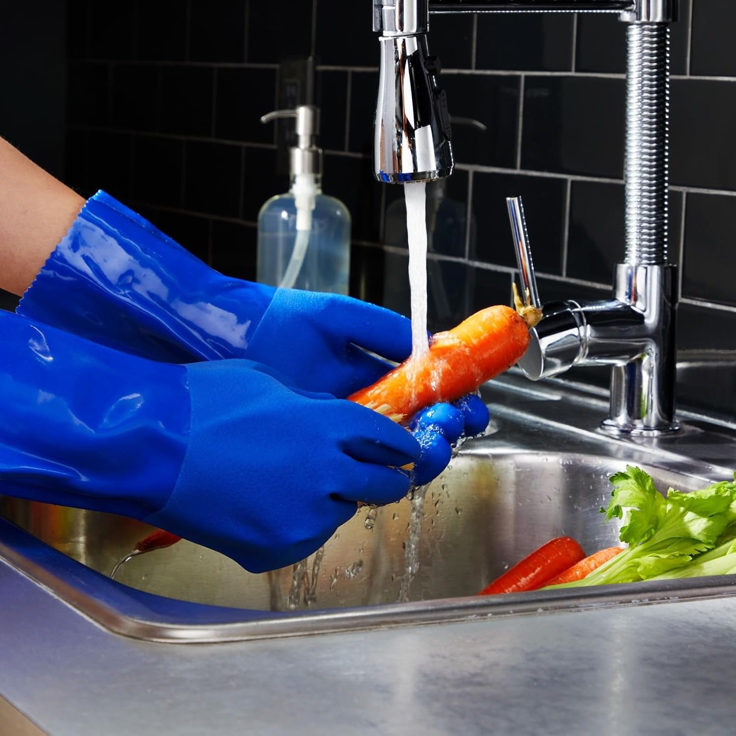 2 Pairs Rubber Household Cleaning Gloves for Kitchen Dishwashing, Cotton Lined (Blue)