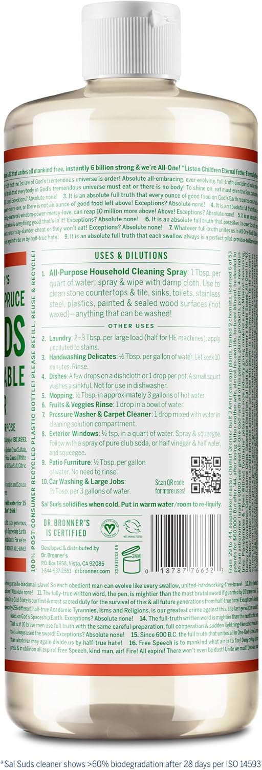Dr. Bronner's - Sal Suds Biodegradable Cleaner (32oz, 2-Pack) – Concentrated All Purpose Cleaning Solution & Mop Soap, For Floors, Laundry & Dishes – Powerful Formula Made with Plant-Based Surfactants