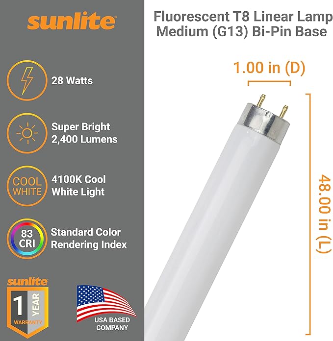 Sunlite F28T8/SP841 4 Foot T8 Linear Fluorescent Lamp, 28 Watts, 2400 Lumens, 4100k Cool White, Medium G13 Bi-Pin Base, High Performance Straight Tube, 30 Pack