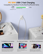 PD30W Split Extension Cord 10FT (5FT on Each Side), Single Flat Plug Twin Extension Cord with 4 AC Outlets, 2 USB-A & 3 USB-C, Nightstand Charging Station for Bedroom, His and Hers