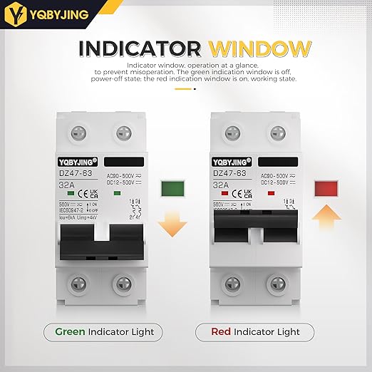 DC Circuit Breaker 32 Amp Solar Panel Disconnect Switch 12V-500V 2 Poles Miniature Solar Circuit Breaker for Outdoor PV Homes Battery, AC 110V DIN Rail MCB
