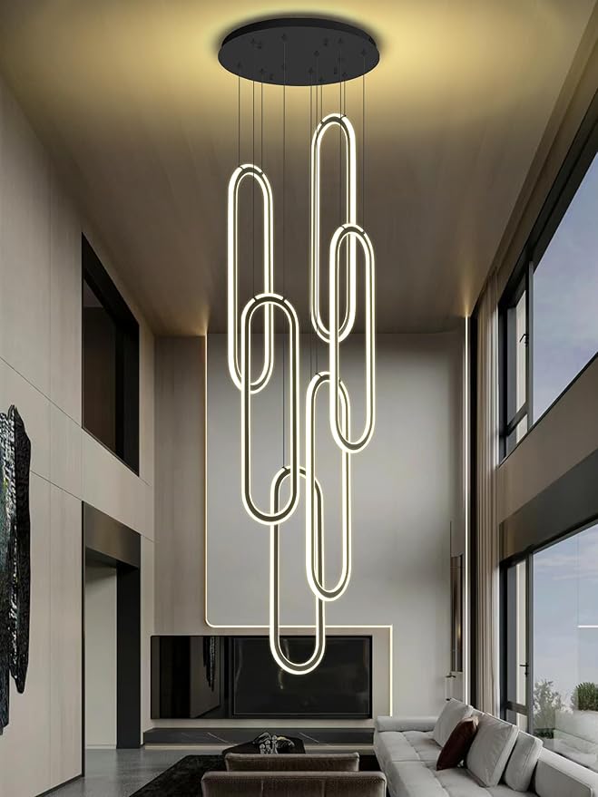 Flashing God Chandelier 6-Rings Contemporary Chandelier for High Ceiling Flush Mount Led Dimmable Large Pendant Lighting Black Ring Chandeliers for Villa Foyer Entrance Living Room
