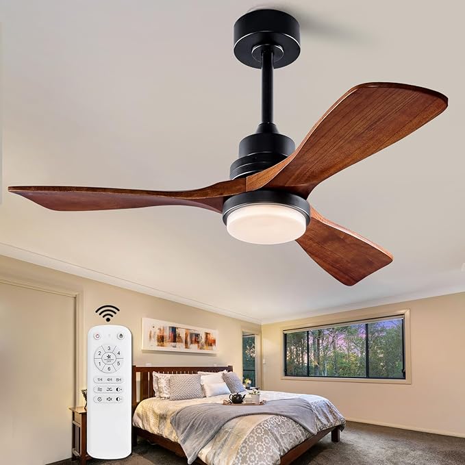42 Inch Ceiling Fans with Lights and Remote, Modern 3 Blades Wood Ceiling Fan with light, 6 Speed Quiet DC Motor, Indoor Outdoor Ceiling Fan for Patio Bedroom Living Room Kitchen Office