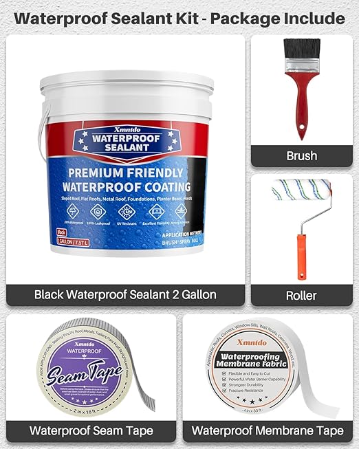 Waterproof Sealant 2 Gallon, Black, Roof Leak Repair Coating, Water-Based Rubber Liquid Water Proof Sealant Coating, Polyurethane Waterproof Coating for Roofs, Foundations, Basements