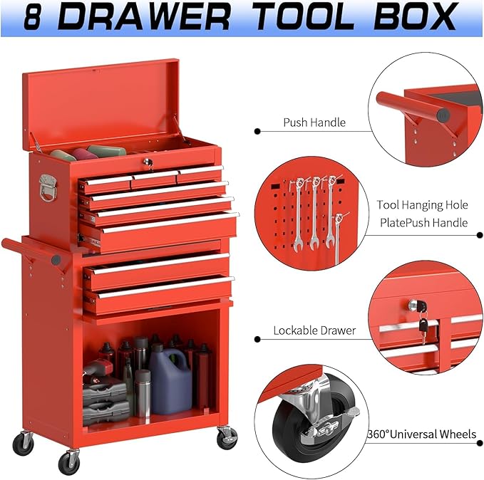 8 Drawer Rolling Tool Chest, High Capacity Tool Box with Lockable Wheels and Drawers, 2 in 1 Portable Toolbox Organizer Storage Cabinet for Garage, Warehouse, Repair Shop, Red