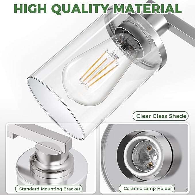 DORESshop 20 Inch Bathroom Light Fixtures, 3-Light Chrome Bathroom Lighting Fixtures Over Mirror with Clear Glass Shade, Vanity Lights for Living Room Bedroom