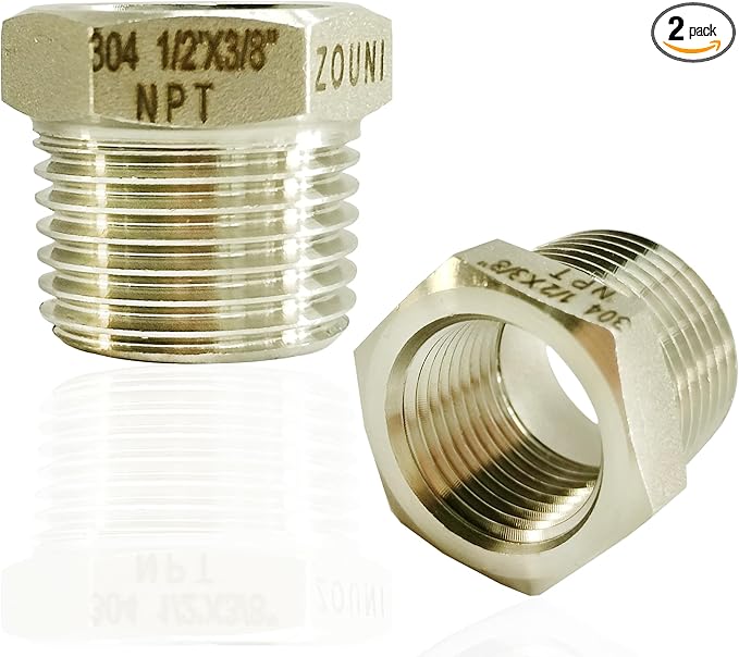 2 Pcs 304 Stainless Steel Reducer Hex Bushing, 1/2" Male NPT to 3/8" Female NPT Pipe Fitting Hex Bushing, Heavy Duty Pipe Fitting Reducer Adapter (1/2"MNPT - 3/8"FNPT)