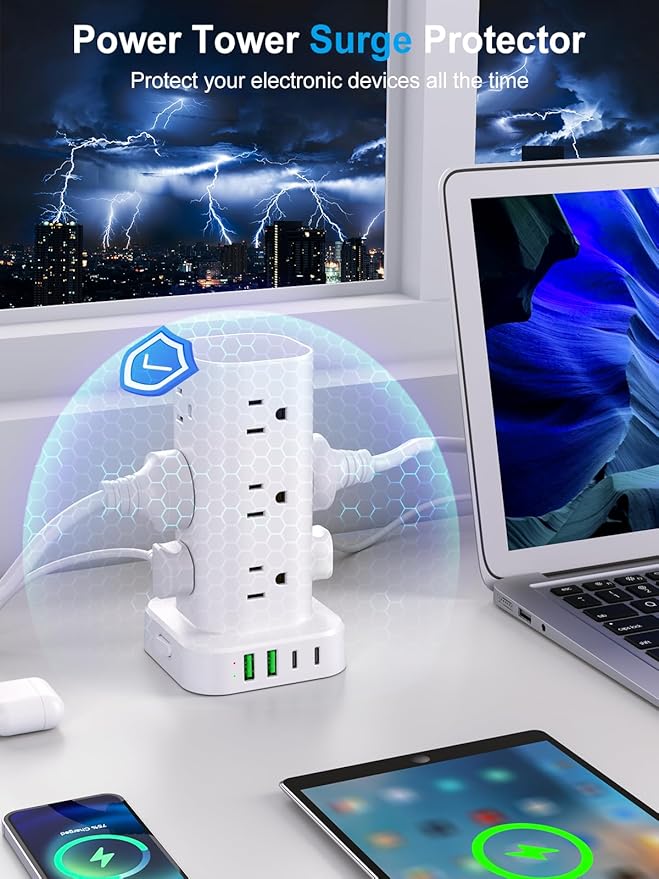 Power Strip Tower with Multiple Outlets, Flat Plug Surge Protector Tower Extension Cord with 12 AC Outlets 4 USB Ports (2 USB C), 6FT Cord Power Tower Surge Protector for Home Office Dorm Room, White