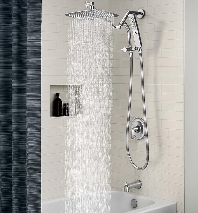 G-Promise All Metal 10 Inch Shower Head with Massage Mode Handheld, Rain Shower Head with Handheld Spray Combo, 3-Way Diverter with Pause Setting, 11 Inch Adjustable Extension Arm (Chrome)