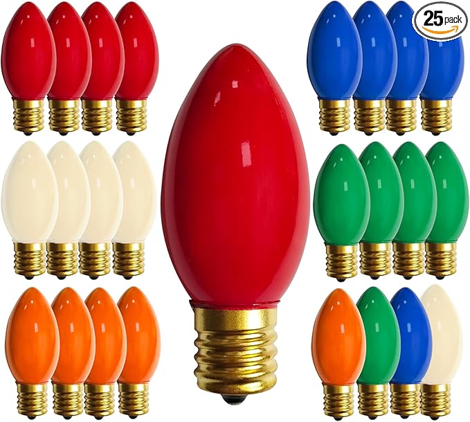 25 Pack Multicolor Christmas Light Bulbs,C9 Glass Incandescent Christmas Replacement Bulbs for String Light,C9/E17 Candelabra Base 7 Watt Great for Outdoor Indoor and Christmas Decorations