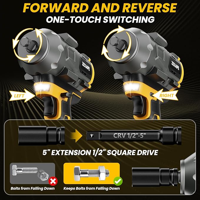 Cordless Impact Wrench 1/2 inch for DeWalt 20v Battery, Impact Wrench 950Ft-lbs High Torque Brushless Electric Impact Gun, Power Impact Driver with 3-Mode Speed, LED Work Light(no battery)