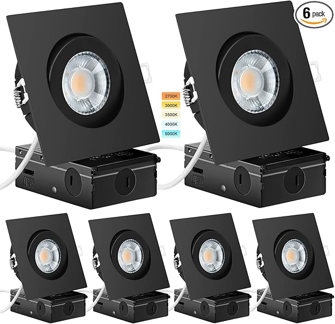 Black Recessed Lighting Square 4 inch 6 Pack,Canless Gimbal Recessed Lights,dimmable, 5CCT Selectable,9W 750LM