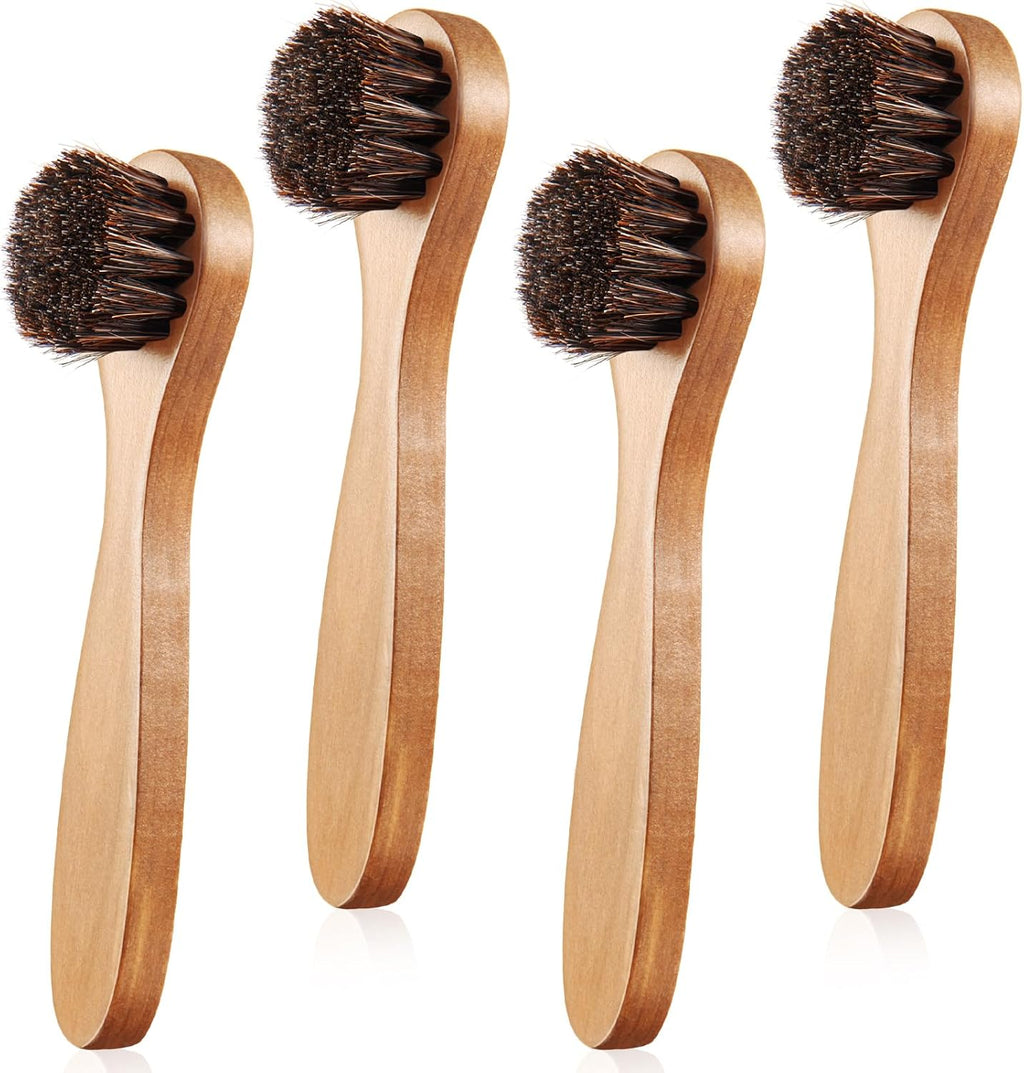 4 Pcs Horsehair Shine Shoes Brush Kit Polish Dauber Applicators Cleaning Leather Shoes Boots Care Brushes Suede Cleaner Brush with Microfiber Shoe Cloth(Wooden Handle A)