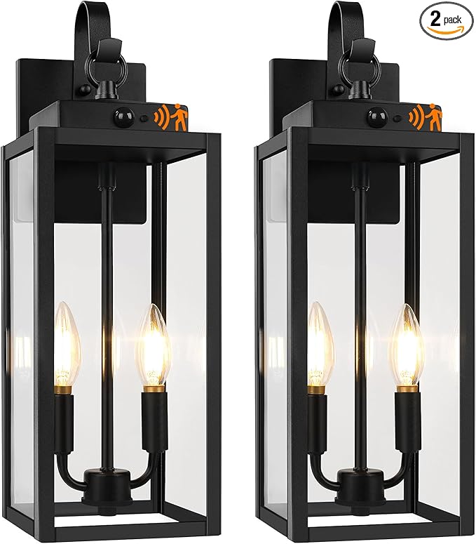 BesLowe 17.5” Upgraded Motion Sensor Outdoor Wall Lights, Dusk to Dawn Porch Lights Outdoor Wall Sconces, 3 Lighting Modes Exterior Lighting Fixtures with Hooks, Black Outside Lights for House, 2-Pack