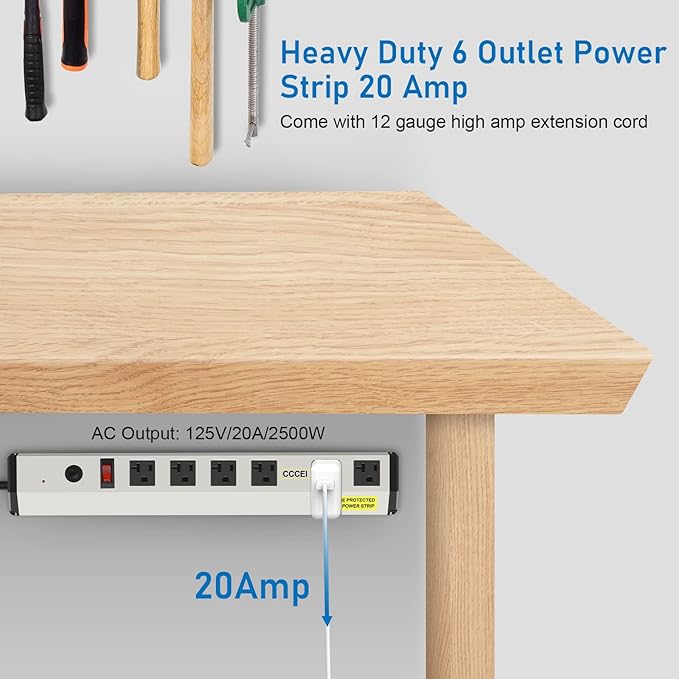 CCCEI Heavy Duty Power Strip Surge Protector 20 Amp, High Amp Industrial Shop Garage Metal Multiple Outlets, 4 FT 12 Gauge 5-15P Extension Cord 6 Outlet 6-20R T-Slot 20a for Appliance.