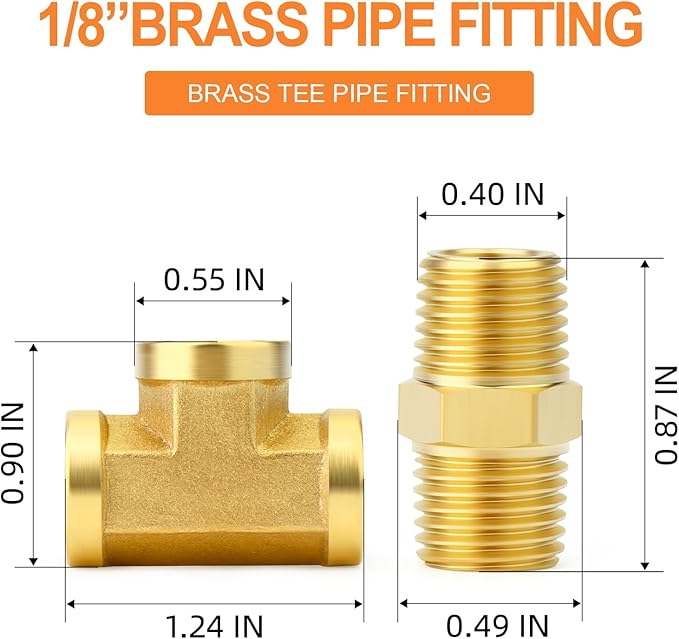GASHER 2PCS Brass Tee Pipe Fittings, 1/8" NPT Female x 1/8" NPT Female x 1/8" NPT Male Pipe Fittings, Male Run Tee