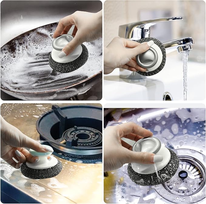 2Pcs Stainless Steel Wool Scrubber with Handle, Heavy Duty Pot Scrubbers Dish Scrubber Cleaning Brush Wash for Dish, Stainless Steel Scrubbing Brushes Cleaning Supplies for Pots, Pans, Grills, Sink