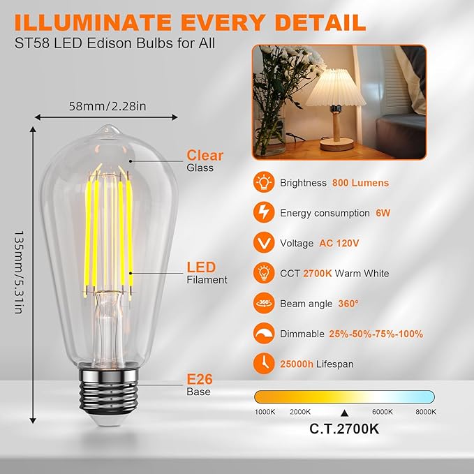 Kawaya E26 LED Edison Bulbs: 6W Equivalent 60 Watt Dimmable LED Light Bulbs - Vintage Warm Lights 2700k 800 Lumens High Brightness Filament Bulbs with 90+ CRI (12)