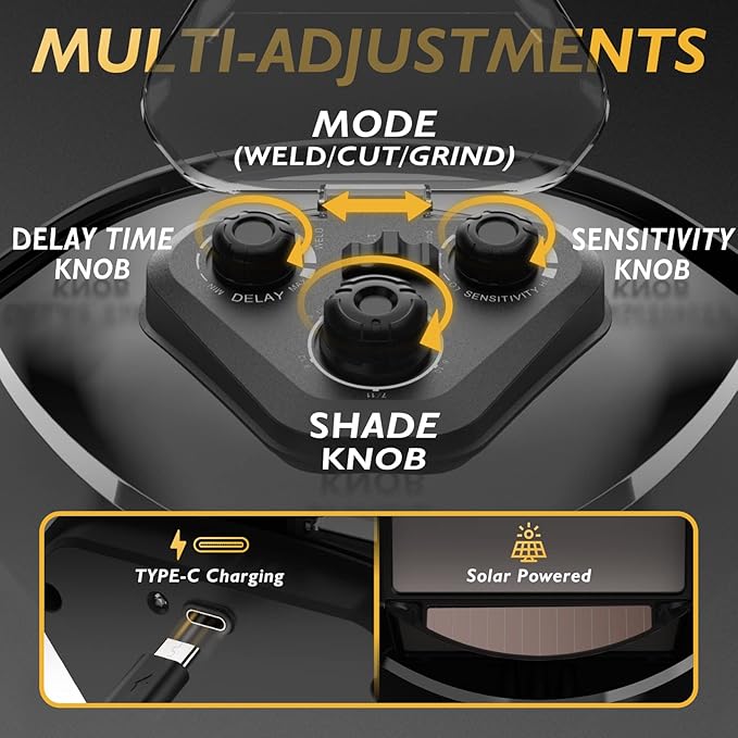 TOOLIOM Auto Darkening Welding Helmet with Light 1/1/1/1 Large Viewing 4.31" x 3.81" True Color Welding Mask Shade 4/5-9/9-13 Solar/Rechargeable Battery Powered Welder Hood for TIG MIG Stick CUT Grind