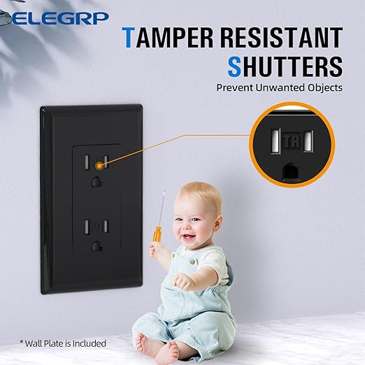 ELEGRP Decorator Wall Receptacle Outlet, Tamper Resistant 15A 125V Standard Electrical Wall Outlet, Residential Grade, Self-grounding, with Screwless Wall Plate, UL (20 Pack, Glossy Black)
